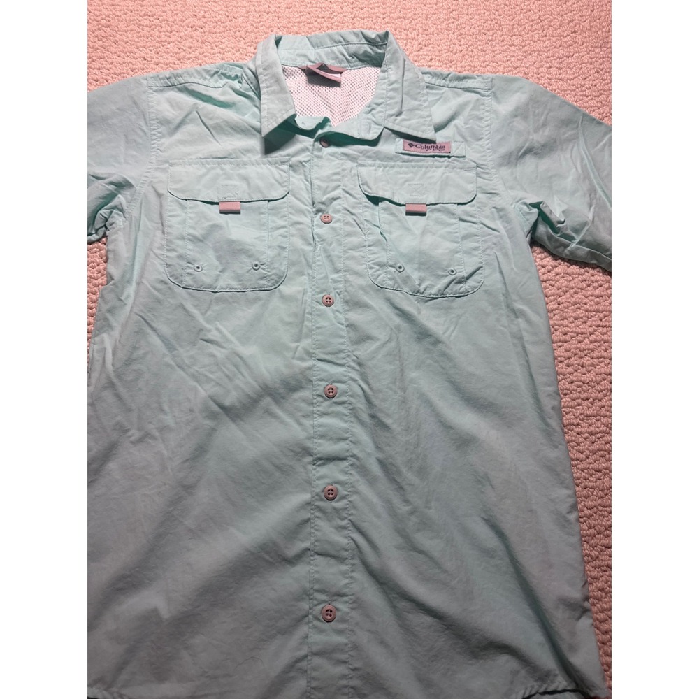 Columbia PFG Bahama Short Sleeve Fishing Shirt Aqua Blue Kids Large 14/16 Button